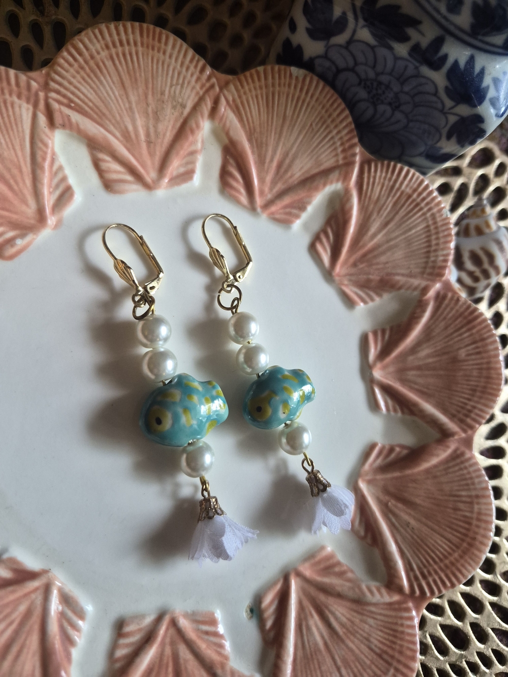 Gold-Accent Turquoise Fish Pearl Drop Earrings